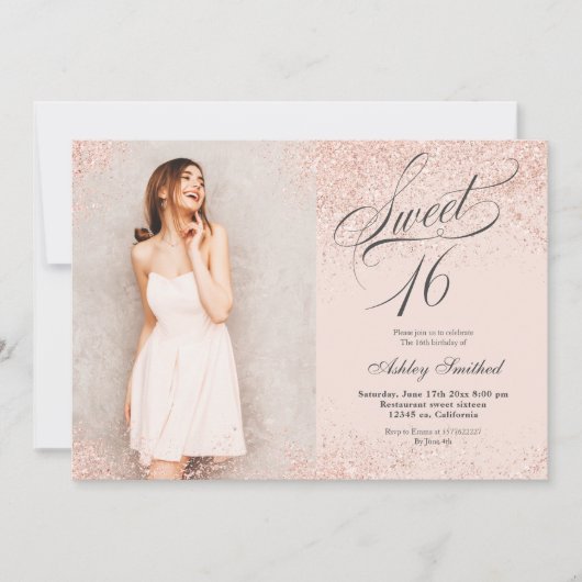 roos gouden glitterscript zwart roze foto Sweet 16 Kaart (Voorkant)