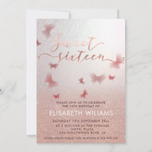 Roos gouden glittery ombre charmante vlinder invit kaart