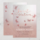 Roos gouden glittery ombre charmante vlinder invit kaart (Voorkant / Achterkant)