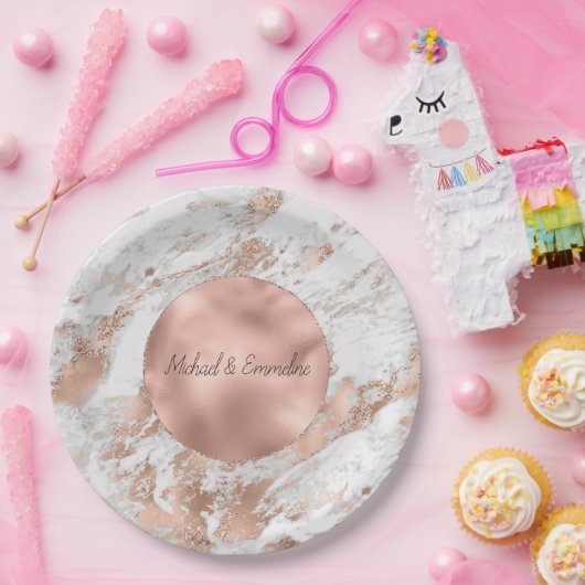 Roos Gouden Glitz Wit Marmeren Huwelijk Papieren Bordje (Feest)