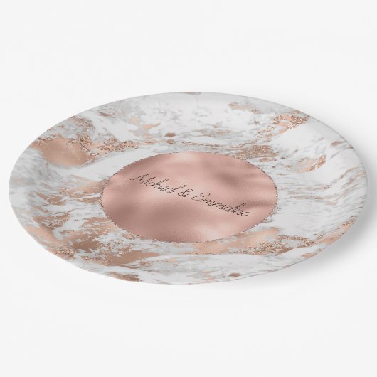 Roos Gouden Glitz Wit Marmeren Huwelijk Papieren Bordje (Gekanteld)