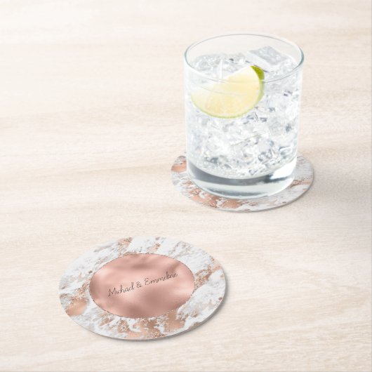 Roos Gouden Glitz Wit Marmeren Huwelijk Ronde Kartonnen Onderzetter (Insitu)