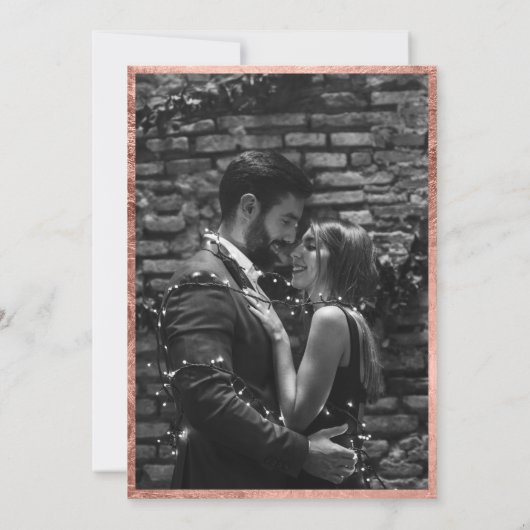 Roos gouden grens marineblauw script foto bruiloft kaart (Achterkant)