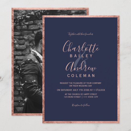 Roos gouden grens marineblauw script foto bruiloft kaart (Voorkant / Achterkant)