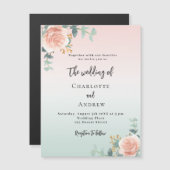 Roos gouden groene bloemen luxe bruiloft magnetische uitnodiging (Voorkant / Achterkant)