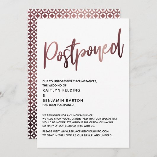 Roos gouden handschrift uitgestelde bruiloft Kaart (Voorkant / Achterkant)