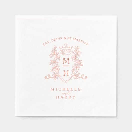 Roos Gouden Hart Kroon Trouwmonogram Custom Folie Servetten (Voorkant)