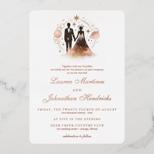 Roos gouden hemelse bruiloft folie uitnodiging (Voorkant)