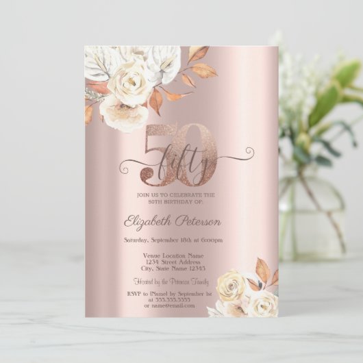 Roos gouden herfstbloemen 50e verjaardag kaart (Staand voorkant)