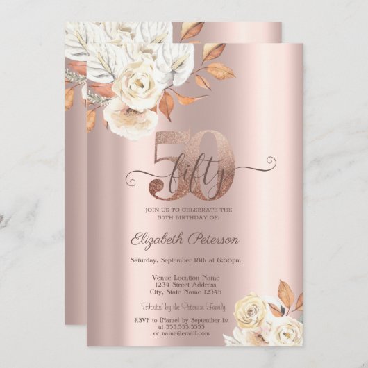 Roos gouden herfstbloemen 50e verjaardag kaart (Voorkant / Achterkant)