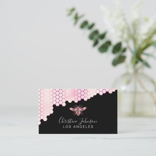 roos gouden honingraat en bij logo op zwart visitekaartje (Staand voorkant)