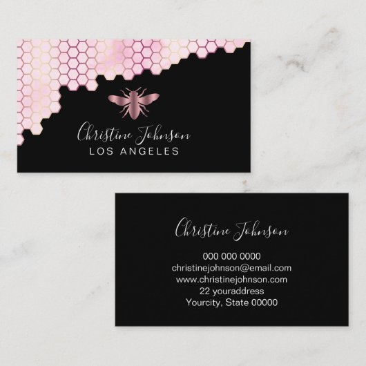 roos gouden honingraat en bij logo op zwart visitekaartje (Voorkant / Achterkant)