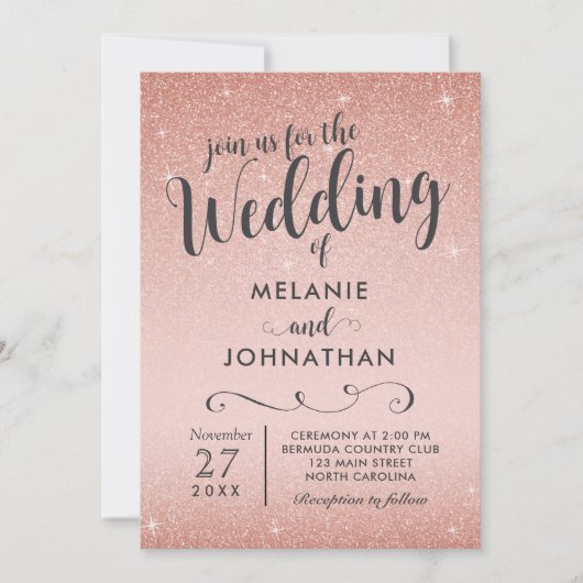 Roos gouden huwelijksuitnodiging, roze kaart (Voorkant)