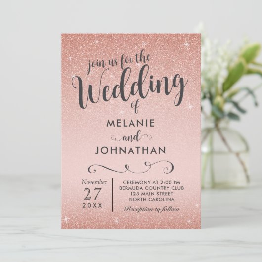 Roos gouden huwelijksuitnodiging, roze kaart (Staand voorkant)