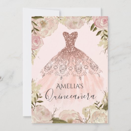 Roos Gouden Jurk Bloemen Roos Quinceanera Invite Kaart (Voorkant)