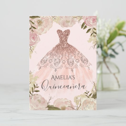 Roos Gouden Jurk Bloemen Roos Quinceanera Invite Kaart (Staand voorkant)