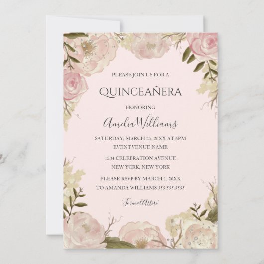 Roos Gouden Jurk Bloemen Roos Quinceanera Invite Kaart (Achterkant)