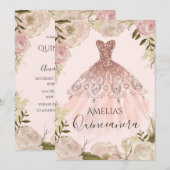 Roos Gouden Jurk Bloemen Roos Quinceanera Invite Kaart (Voorkant / Achterkant)