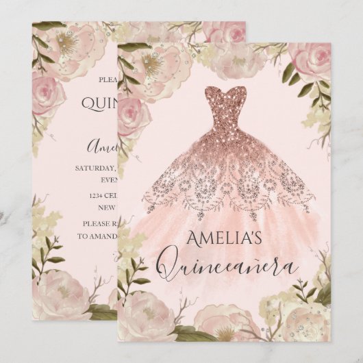 Roos Gouden Jurk Bloemen Roos Quinceanera Invite Kaart (Voorkant / Achterkant)