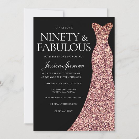 Roos gouden jurk Elegant 90ste verjaardagsfeestje Kaart (Voorkant)