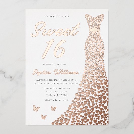 Roos gouden jurk lief 16 16e verjaardag folie uitnodiging (Voorkant)