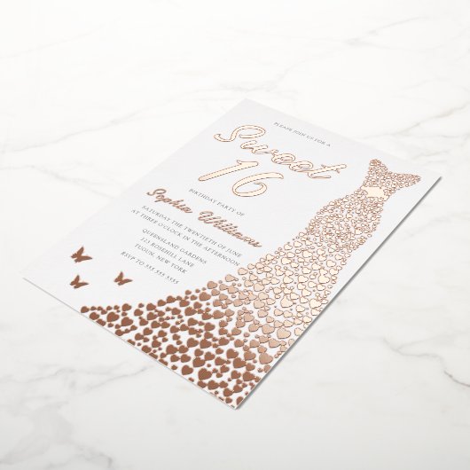 Roos gouden jurk lief 16 16e verjaardag folie uitnodiging (Gedraaid)