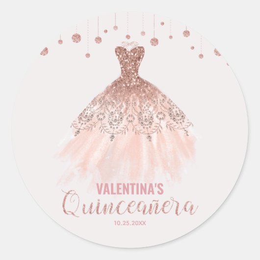 Roos gouden jurk quinceañera 15e verjaardag gunst ronde sticker (Voorkant)