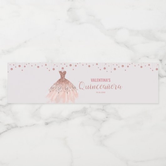 Roos gouden jurk quinceañera 15e verjaardag gunst waterfles etiket (Enkel label)