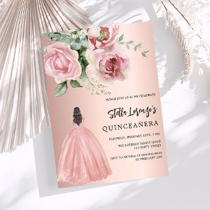 Roos gouden jurk roze bloemen Quinceanera Kaart