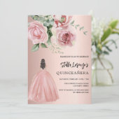 Roos gouden jurk roze bloemstukken Quinceanera lux Kaart (Staand voorkant)