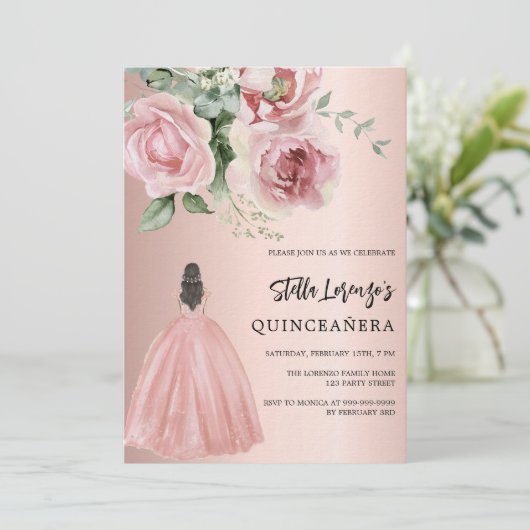 Roos gouden jurk roze bloemstukken Quinceanera lux Kaart (Staand voorkant)