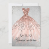 Roos Gouden Jurk Silver Sparkle Quinceanera Invite Kaart (Voorkant)