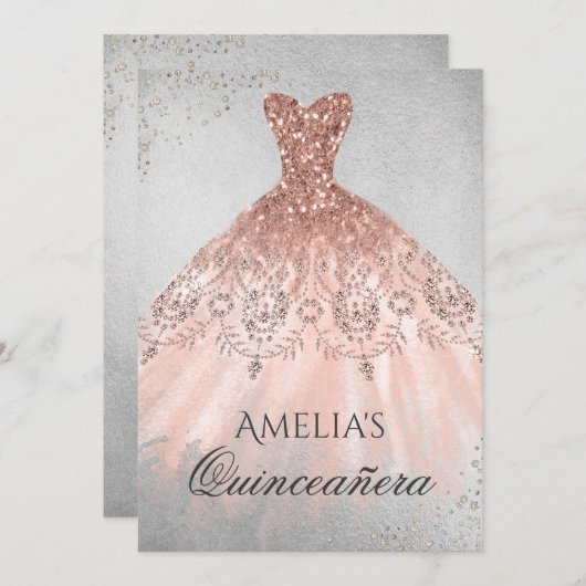 Roos Gouden Jurk Silver Sparkle Quinceanera Invite Kaart (Voorkant / Achterkant)