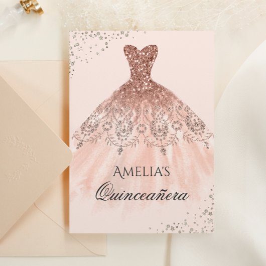 Roos Gouden Jurk Sparkle Quinceanera Invitation Kaart