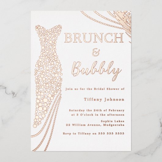 Roos Gouden Jurk Vrijgezellenfeest Brunch & Bubbly Folie Uitnodiging (Voorkant)