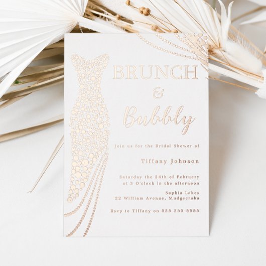 Roos Gouden Jurk Vrijgezellenfeest Brunch & Bubbly Folie Uitnodiging