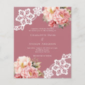 Roos gouden kant roze bloemen huwelijksuitnodiging (Voorkant)