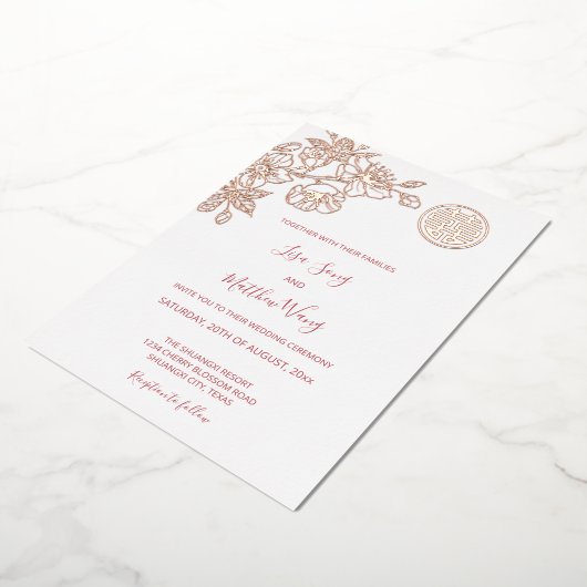 Roos gouden kersenbloesem Chinees bruiloft Folie Uitnodiging (Gedraaid)