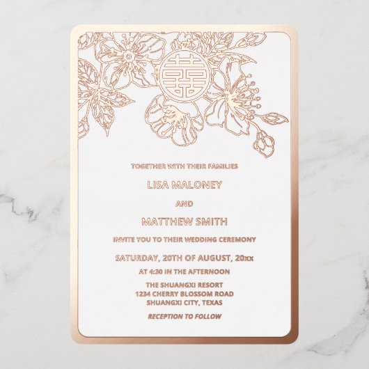 Roos gouden kersenbloesem Chinees bruiloft Folie Uitnodiging (Voorkant)