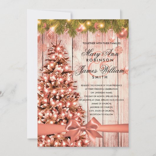 Roos Gouden Kerst Trouwboom, Lichten & Lint Kaart (Voorkant)