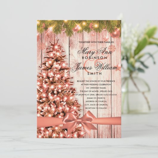 Roos Gouden Kerst Trouwboom, Lichten & Lint Kaart (Staand voorkant)