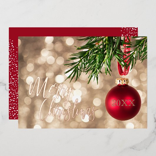 Roos gouden kerstbomen Ornament Folie Uitnodiging (Voorkant / Achterkant)