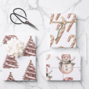 Roos Gouden Kerstboom Candy Canes Snowman Inpakpapier Vel