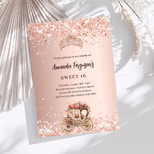 Roos gouden koets tiara glitter Sweet 16 Kaart