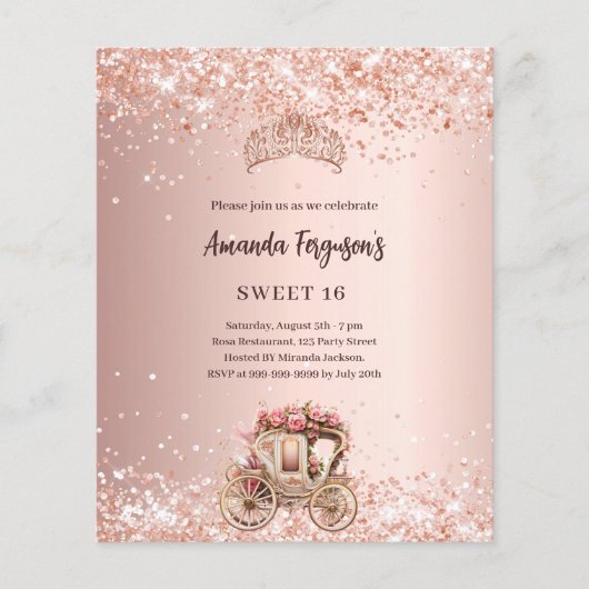Roos gouden koets tiara Sweet 16 uitnodiging (Voorkant)