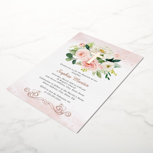 Roos Gouden Kruis Bloemen Meisje Roze Doop Folie Uitnodiging (Gedraaid)