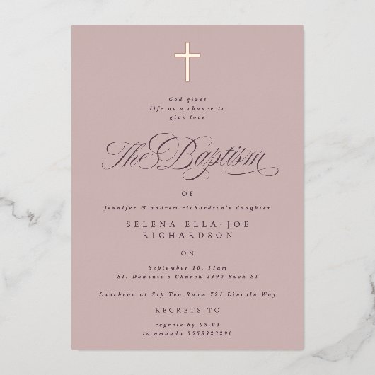 Roos Gouden Kruis Kalligrafie Roze Doop Uitnodigen Folie Uitnodiging (Voorkant)