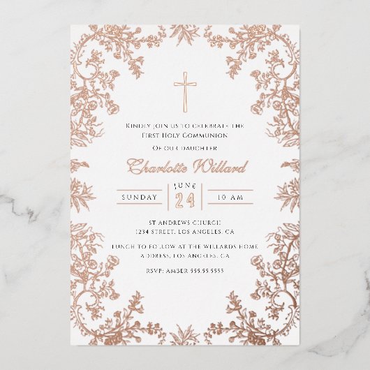 Roos Gouden Kruis  Meisjes Eerste Communie Folie Uitnodiging (Voorkant)