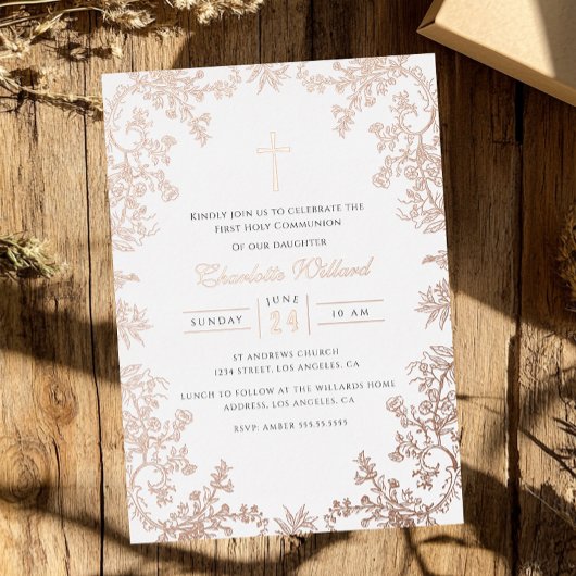 Roos Gouden Kruis  Meisjes Eerste Communie Folie Uitnodiging