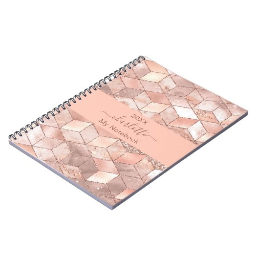 Roos gouden kubus marmer naam glitter script notitieboek (Linkerzijde)